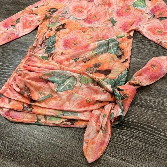 Ala Von Auersperg Mesh Top Taj‎ Floral Print Sheer Long Sleeve Tie Waist Pink M - Picture 3 of 16